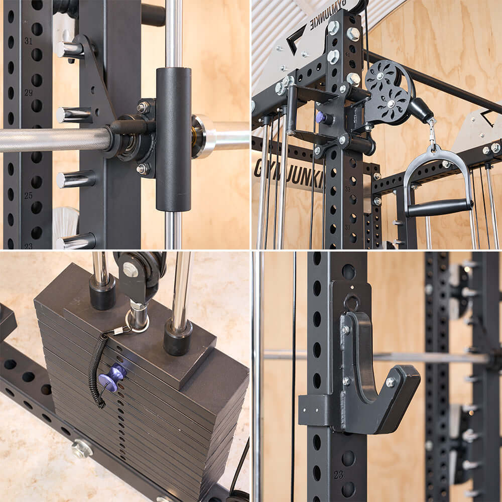 Close-up view of Prodigy Hercules 2.0 functional trainer showing cable system, weight stack, and attachments.