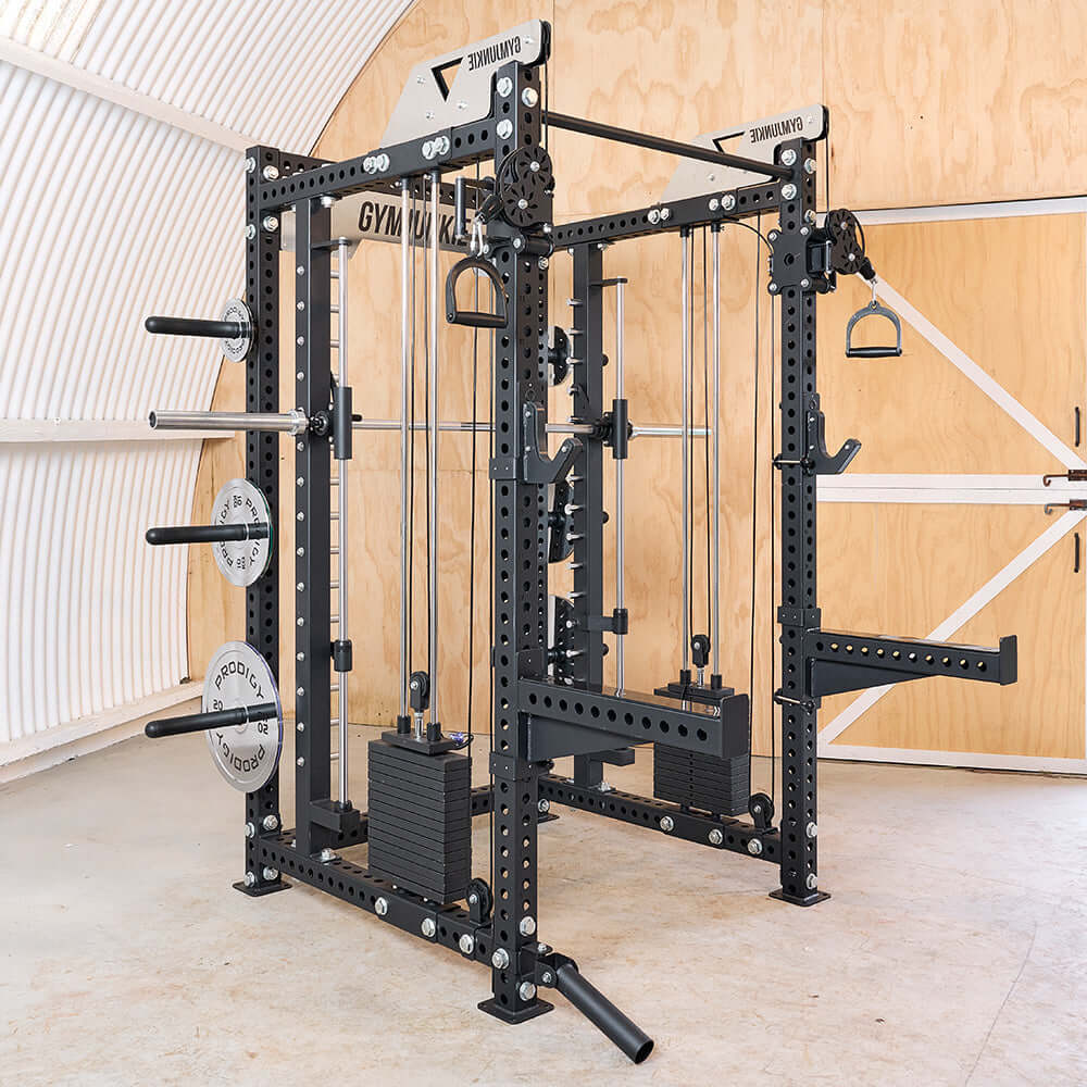 Prodigy Hercules 2.0 functional trainer with power rack, Smith machine, and multi-grip pull-up bar for strength training.