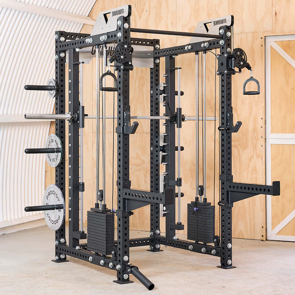 Prodigy Hercules 2.0 functional trainer with power rack, cable system, and Smith machine for strength training.