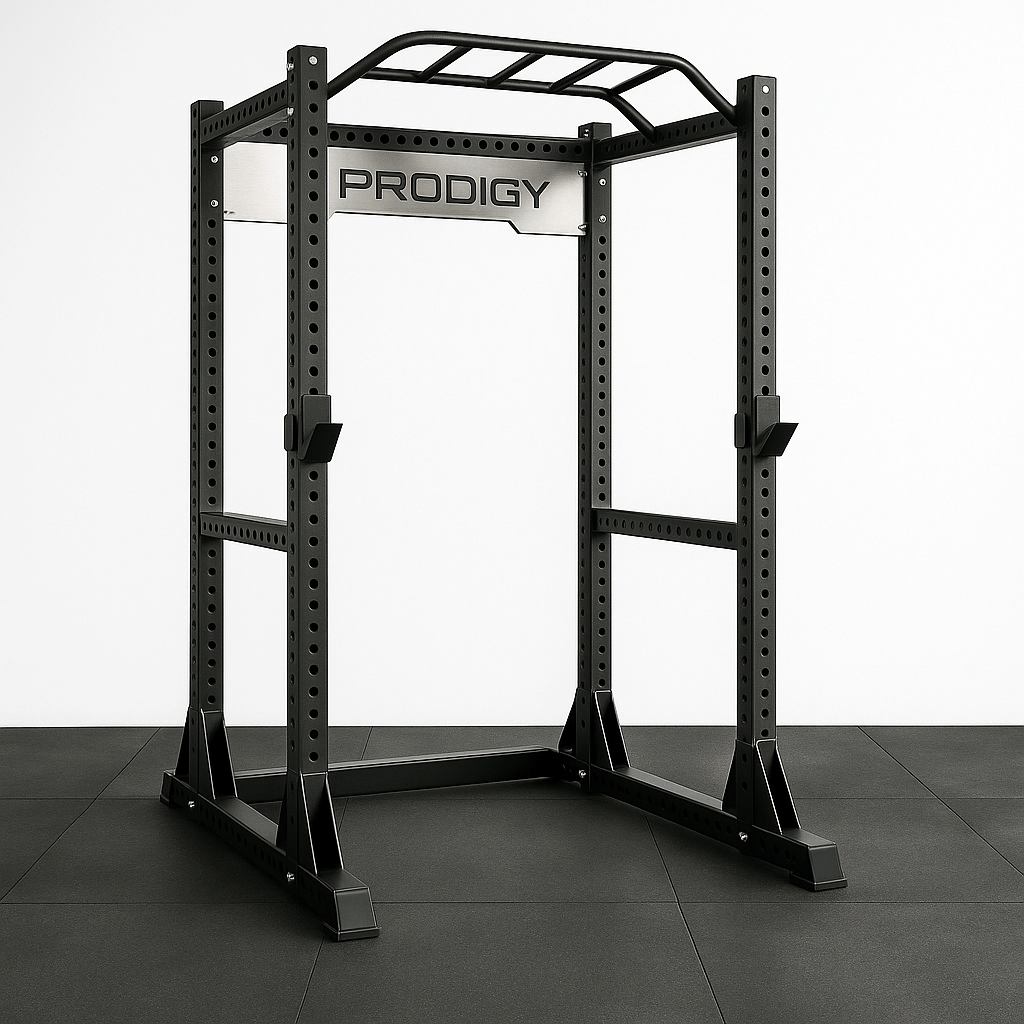 Prodigy Full Power Rack for home gyms, featuring heavy-duty steel and adjustable height for enhanced lifting performance.