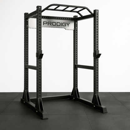 Prodigy Full Power Rack for home gyms, featuring heavy-duty steel and adjustable height for enhanced lifting performance.