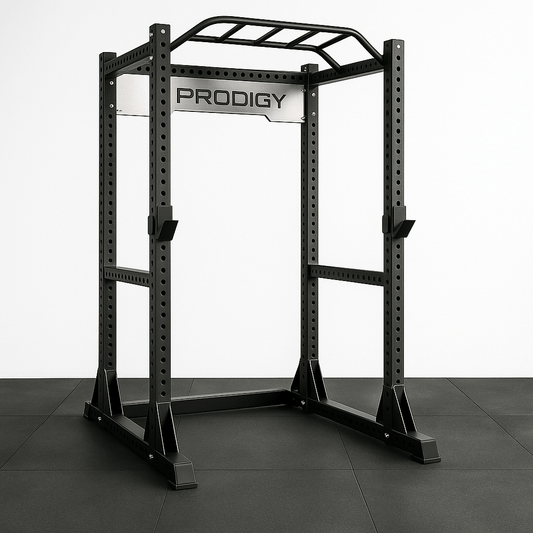 Prodigy Full Power Rack for home gyms, featuring heavy-duty steel and adjustable height for enhanced lifting performance.
