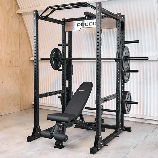 Home gym equipment Australia featuring squat rack and adjustable bench for effective strength training.