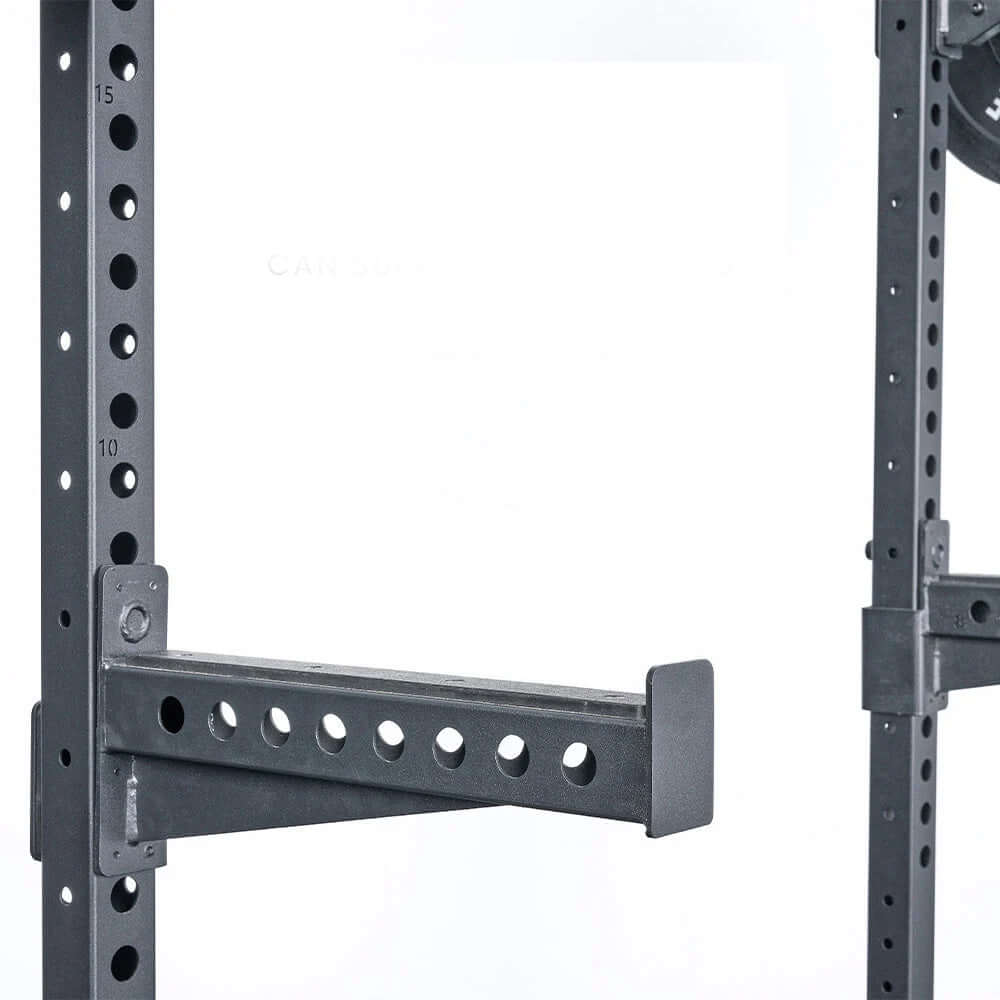 Close-up of a squat rack highlighting adjustable bar supports for home gym equipment in Australia.