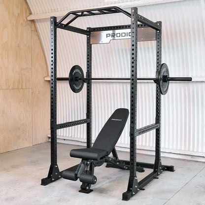 Home gym equipment in Australia featuring a squat rack and adjustable bench for strength training.